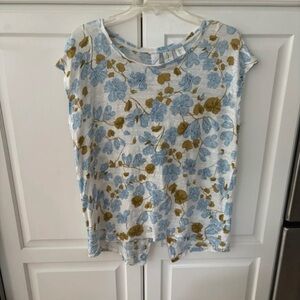 🌿 Joie 100% Linen Blue & Olive Floral Button-Back Blouse - Large
